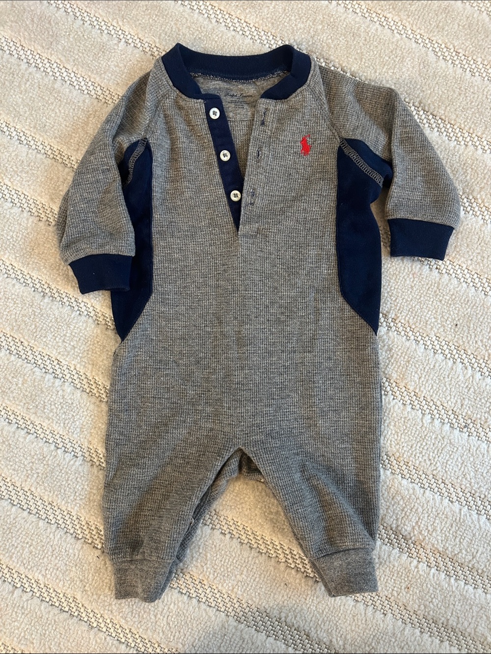 Ralph Lauren Gray and Navy Baby One-Piece Footie with Red Pony